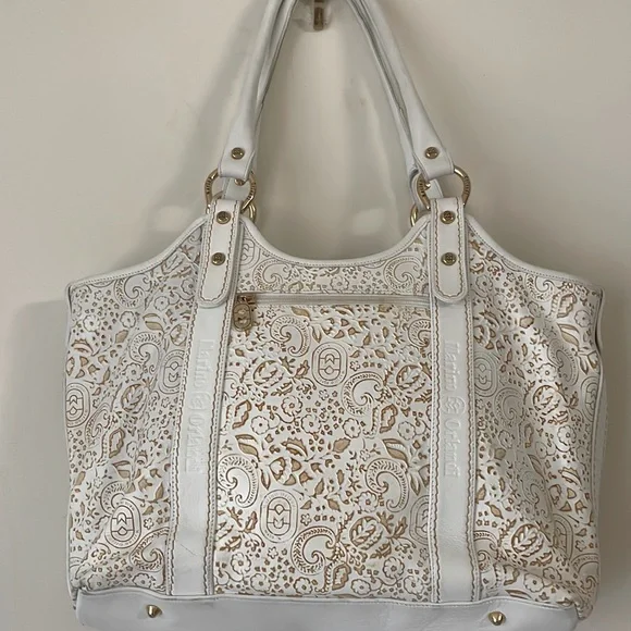 Marino Orlandi large imprinted white brown shoulder bag/ tote - Picture 1 of 16